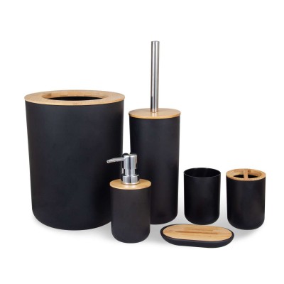 Cheap bamboo plastic 6 bathroom accessories sets with lotion bottle toothbrush cup  tumbler soap dish  toilet brush trash bin